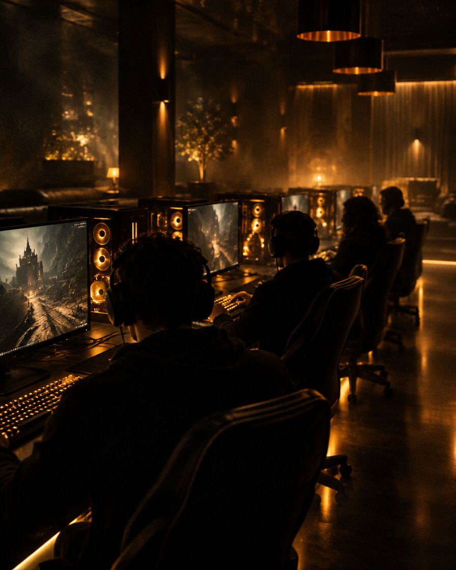 A row of gaming PCs with friends playing late at night