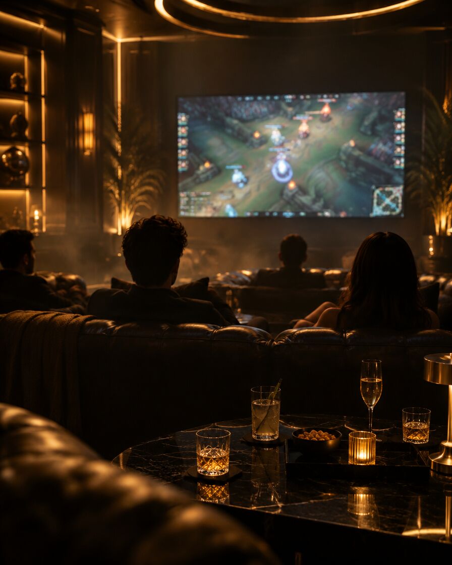 An esports match on a big screen in a lounge with leather sofas